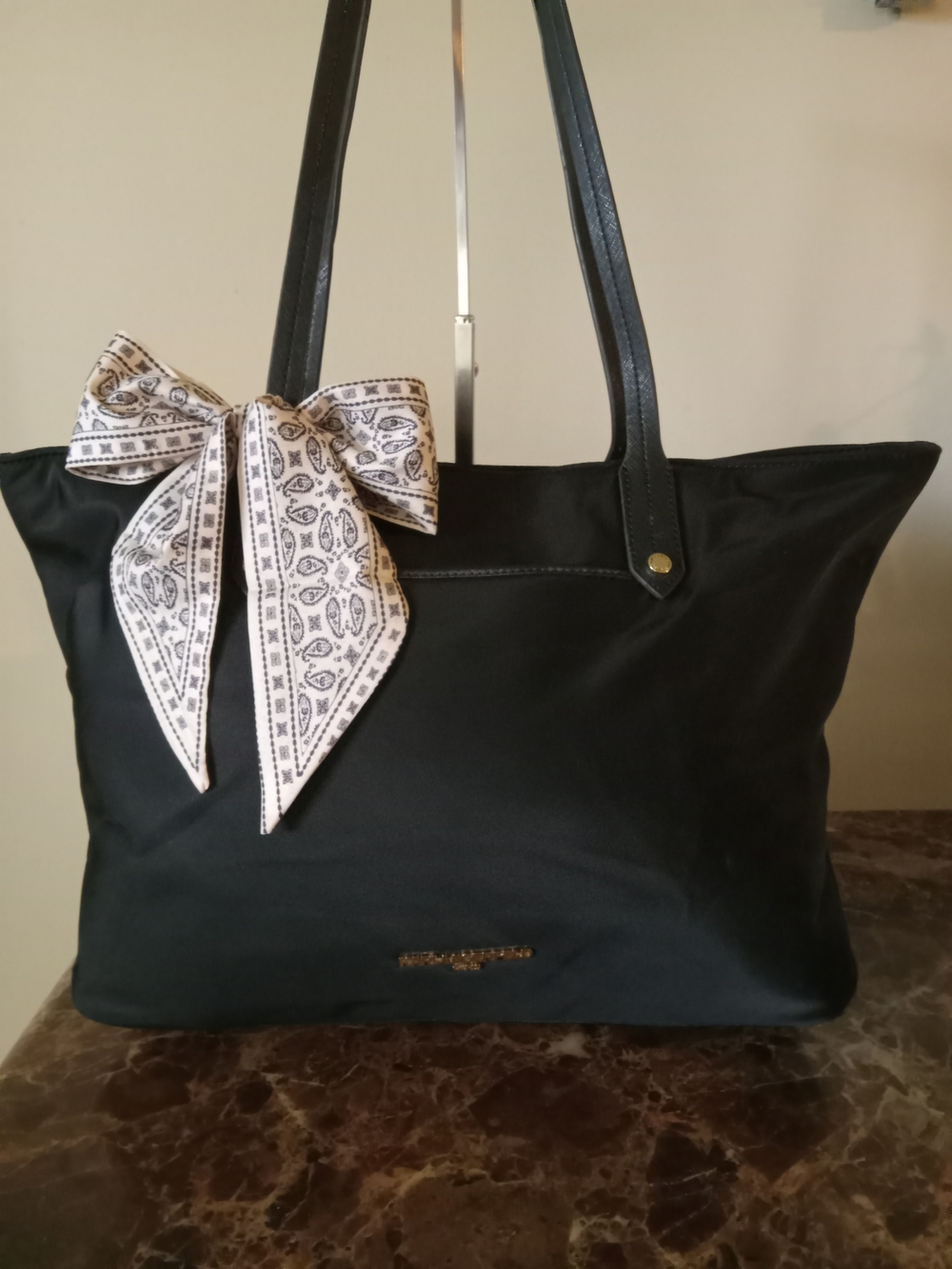 Karl Lagerfeld Blk Nylon/Leather Tote Bag w/ Scarf EUC